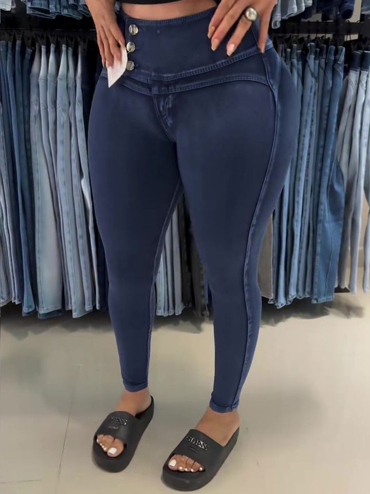Shapshe® Hoch Taillierte Skinny Jeans im Kolumbianischen Stil mit Seitlichen Knöpfen und Hüftlifting