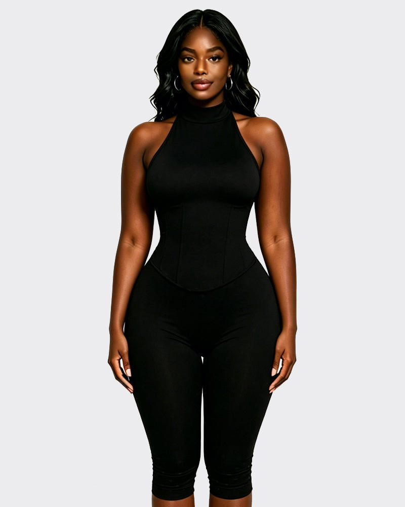 Polka Dot Halter Neck Backless Slim-Fit Stretch Capri Jumpsuit