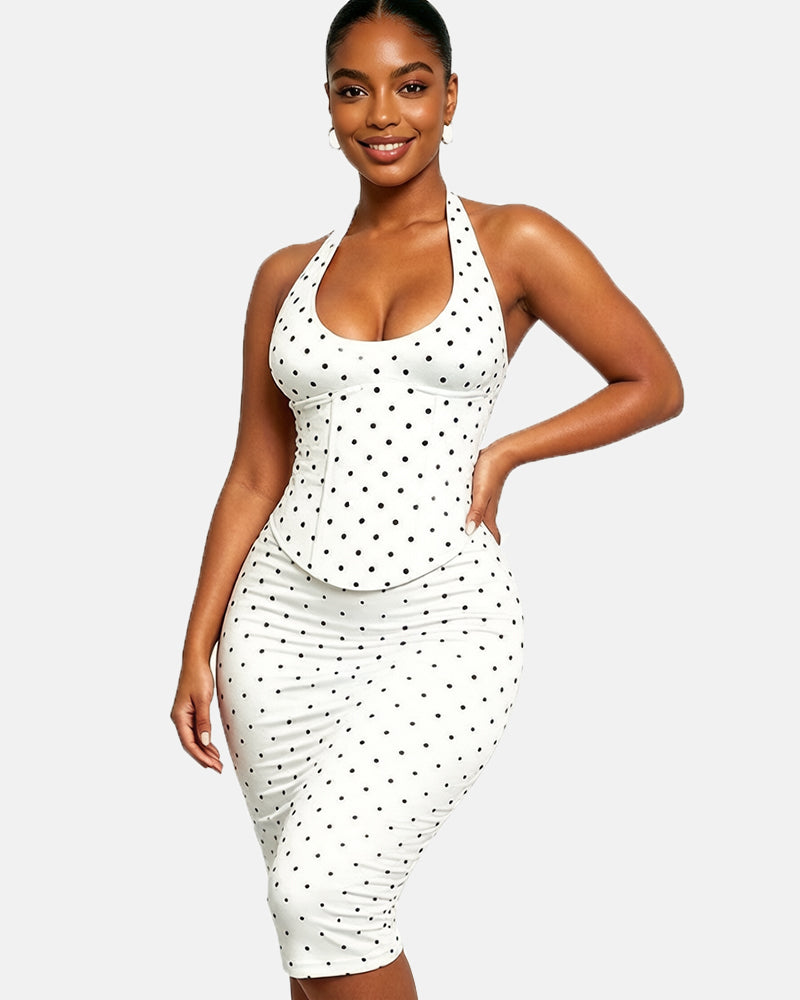 Polka Dot Hourgalss Corset Halter Midi Dress with Lace-Up Back Two-Piece Set