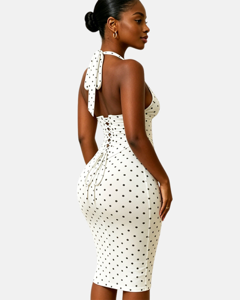 Polka Dot Hourgalss Corset Halter Midi Dress with Lace-Up Back Two-Piece Set