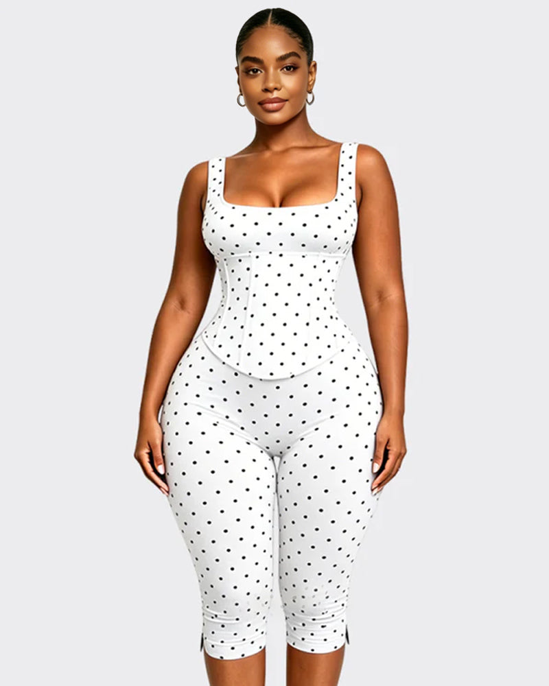 Polka Dot Square Neck Capri Jumpsuit with Hourglass Detachable Corset Two-Piece Set