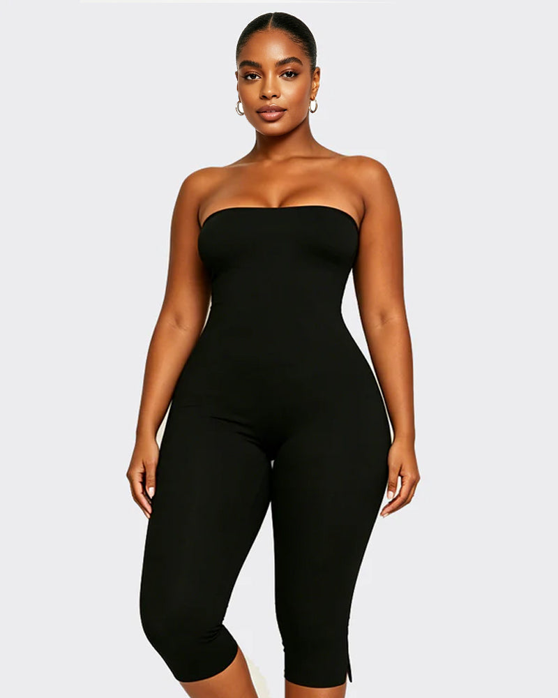 Solid Color Halter Neck Open Back Bodycon Capri Jumpsuit