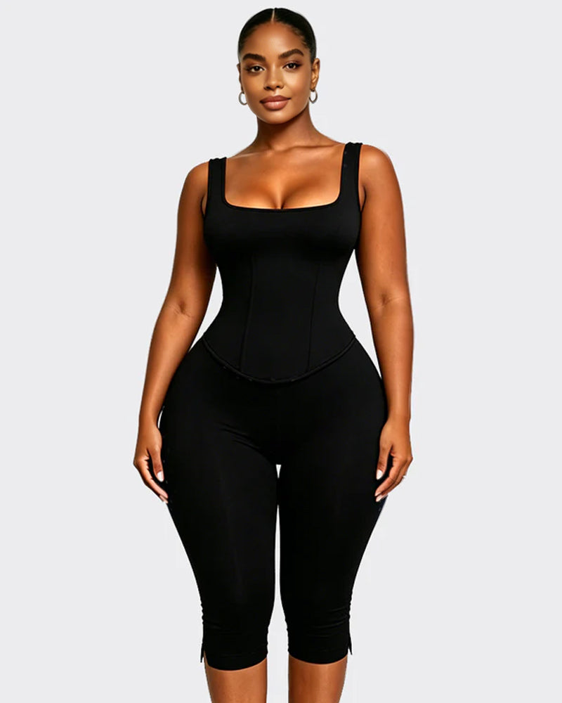 Polka Dot Square Neck Capri Jumpsuit with Hourglass Detachable Corset Two-Piece Set