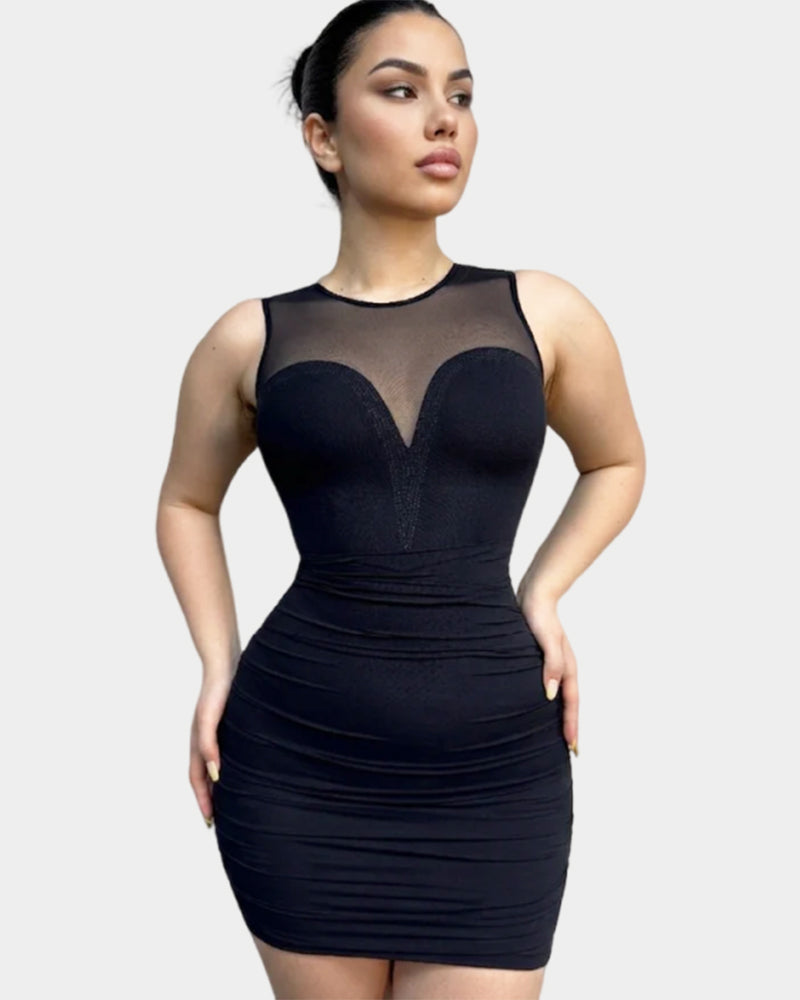 Shaper Dress Mesh Hotfix rhinestone Sleeveless Pleat Bodycon