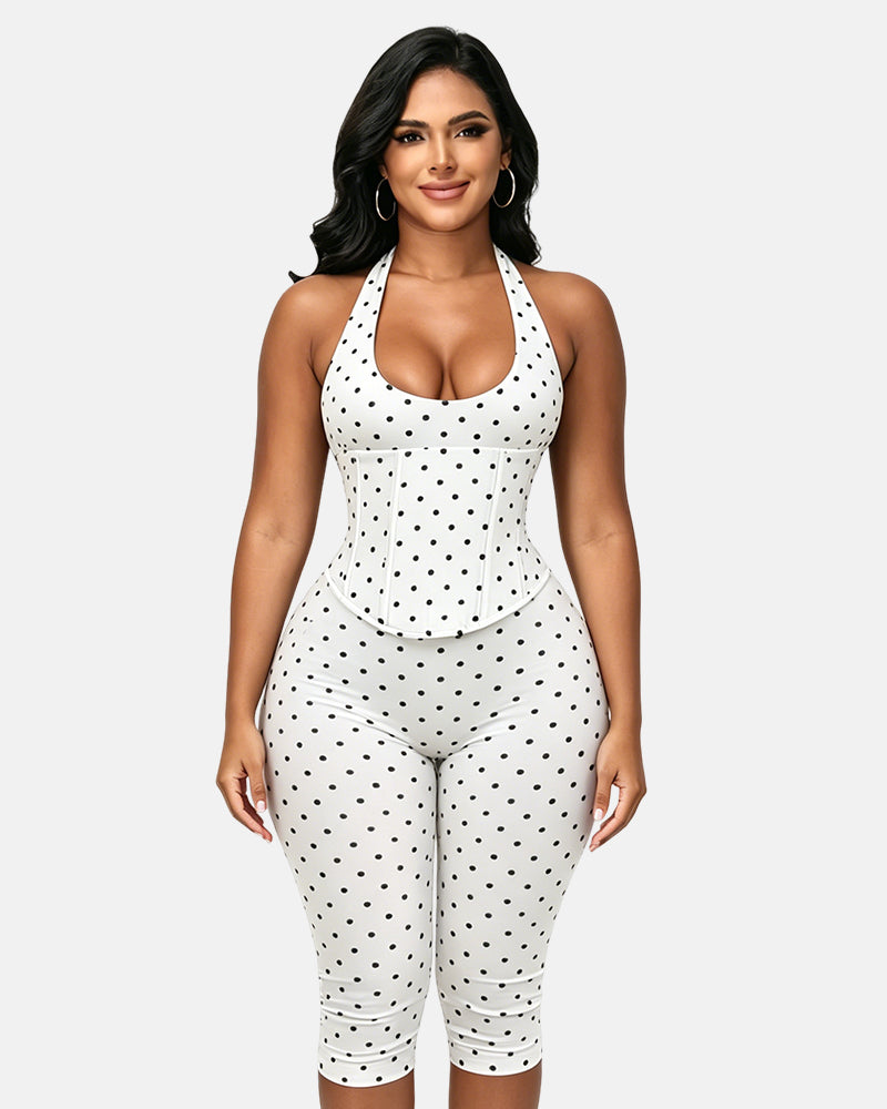 Hourglass Figure Body Shaper Waist Cincher Polka Dot Capri Jumpsuit Two-Piece Set