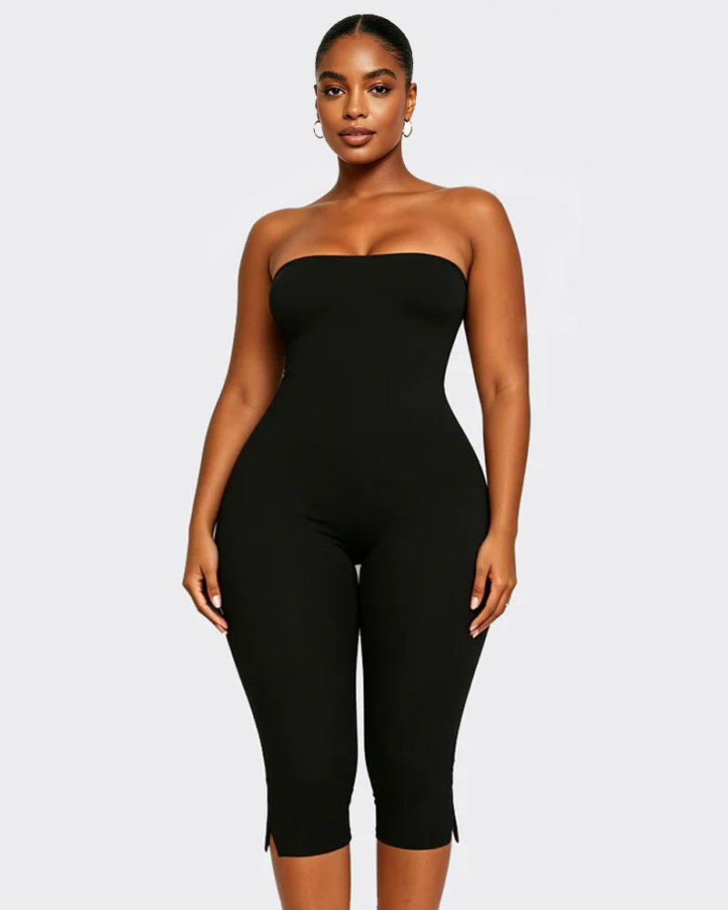 Solid Color Halter Neck Open Back Bodycon Capri Jumpsuit