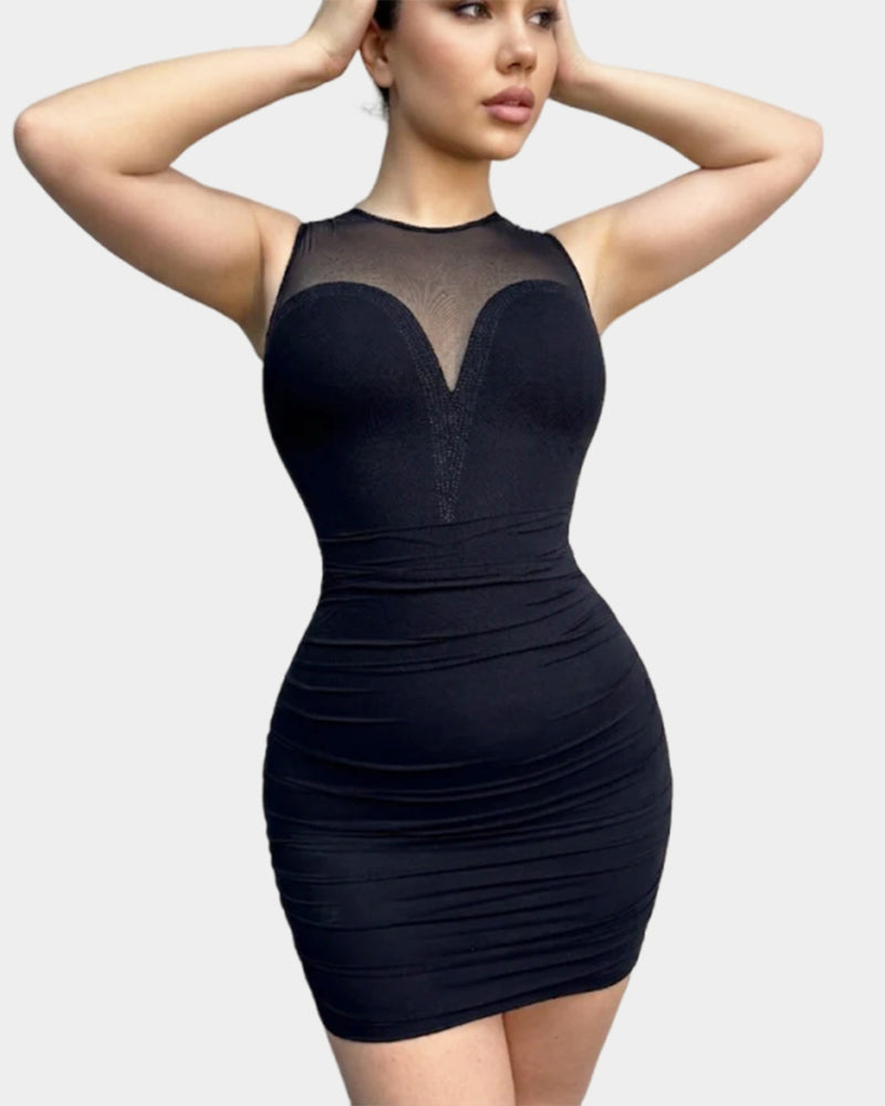 Shaper Dress Mesh Hotfix rhinestone Sleeveless Pleat Bodycon