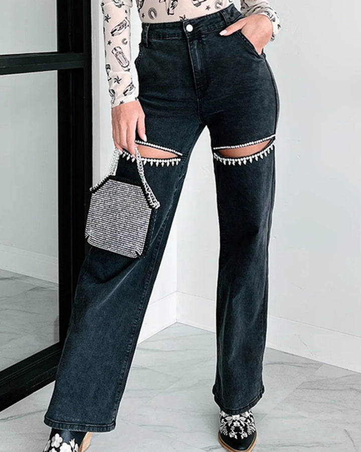 Hoch Taillierte Verwaschene Jeans mit Weitem Bein und Verziertem Ausschnitt für Damen