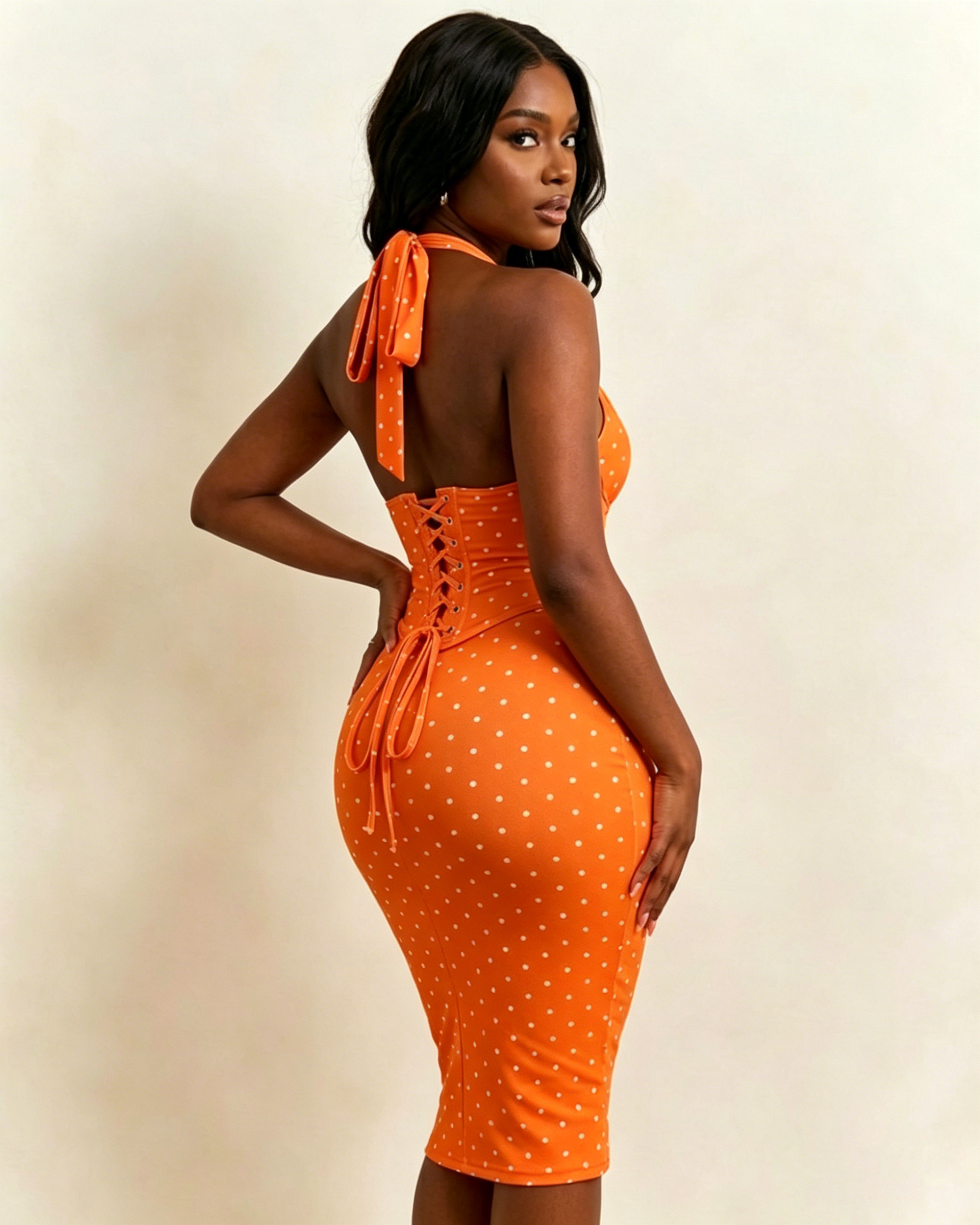 Polka Dot Hourgalss Corset Halter Midi Dress with Lace-Up Back Two-Piece Set