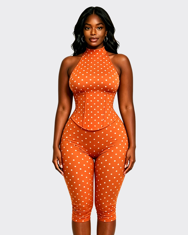 Polka Dot Halter Neck Backless Slim-Fit Stretch Capri Jumpsuit