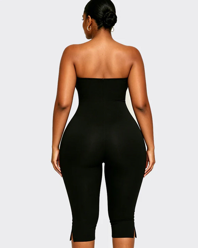 Solid Color Halter Neck Open Back Bodycon Capri Jumpsuit