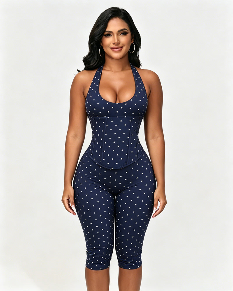 Hourglass Figure Body Shaper Waist Cincher Polka Dot Capri Jumpsuit Two-Piece Set