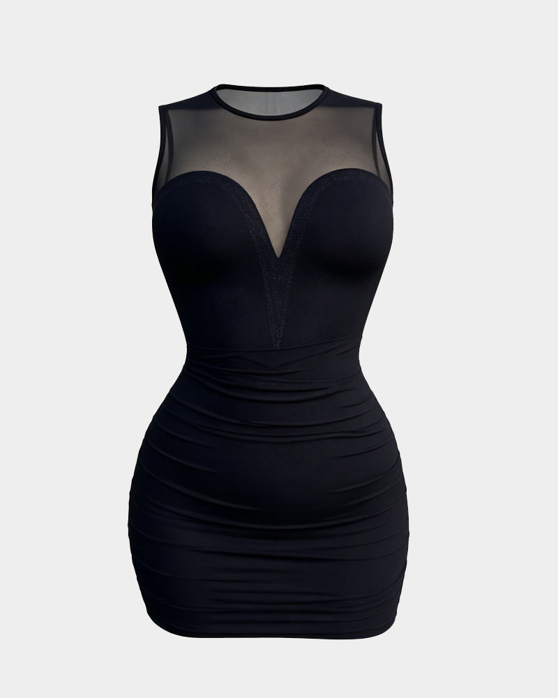 Shaper Dress Mesh Hotfix rhinestone Sleeveless Pleat Bodycon