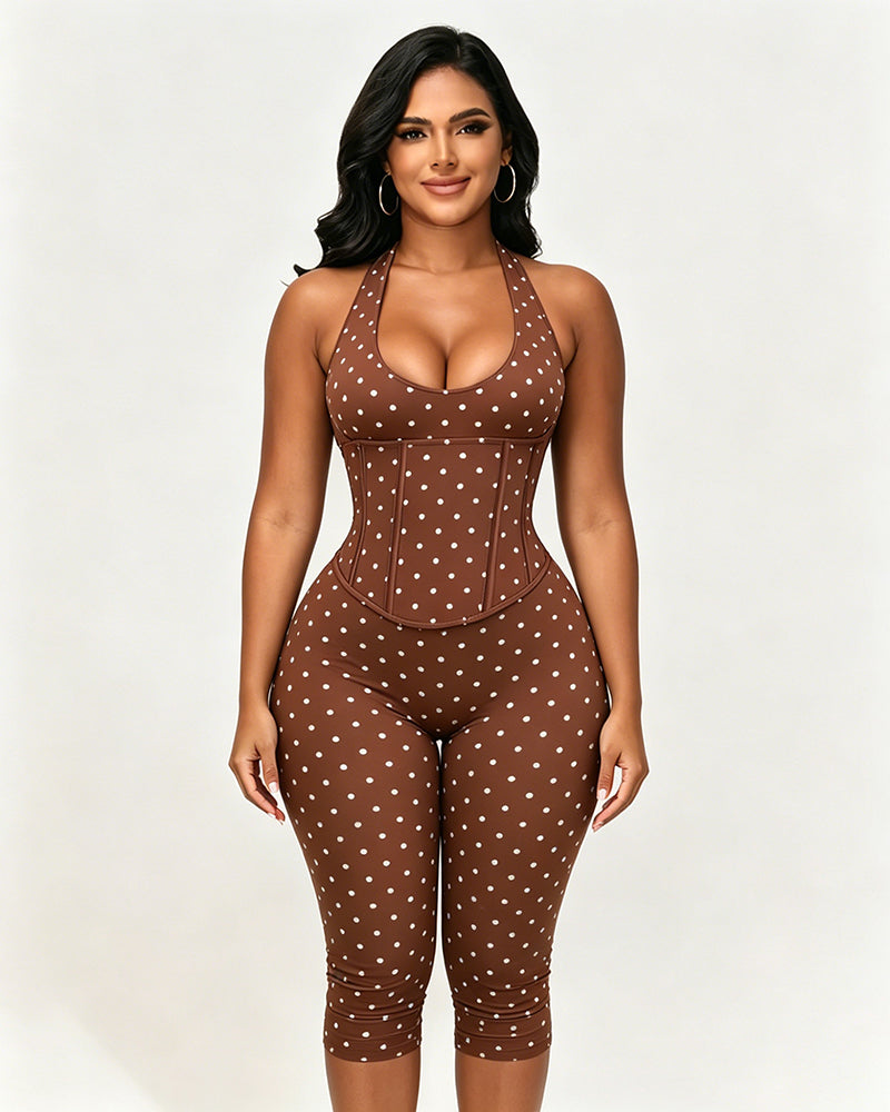 Hourglass Figure Body Shaper Waist Cincher Polka Dot Capri Jumpsuit Two-Piece Set