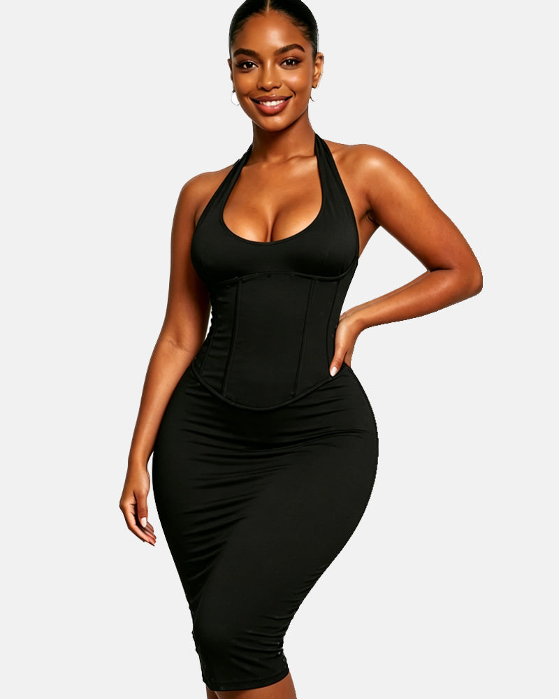Polka Dot Hourgalss Corset Halter Midi Dress with Lace-Up Back Two-Piece Set