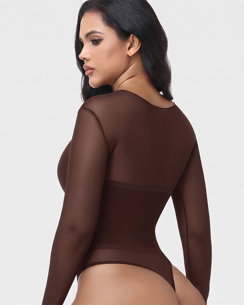 Shapshe® Sheer Mesh Long Sleeve Tummy Control Thong Shaping Bodysuit