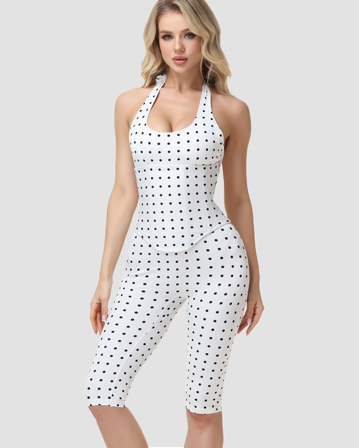 Hourglass Figure Body Shaper Waist Cincher Polka Dot Capri Jumpsuit Two-Piece Set