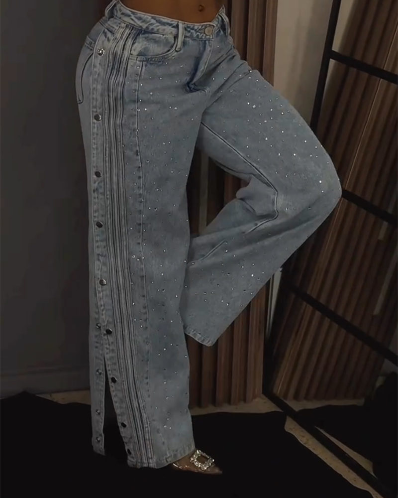 Jeans Weites Bein Strassverzierung Mittlere Taille Seitliche Knöpfe