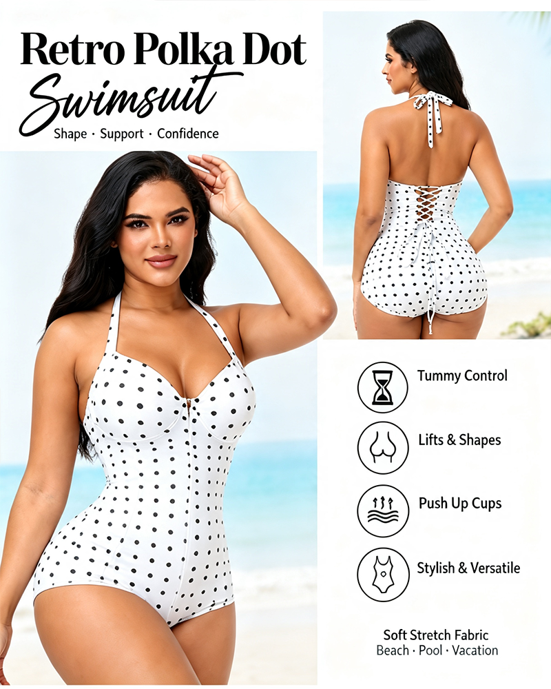 Shapshe® Polka Dot Halter Lace Up Back Zipper Bodysuit