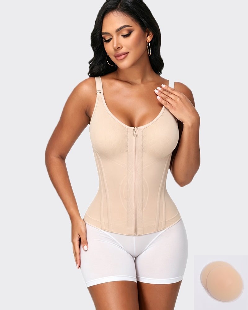 Shaping thin-strapped zipper vest, soft and comfortable shapewear with breast pads