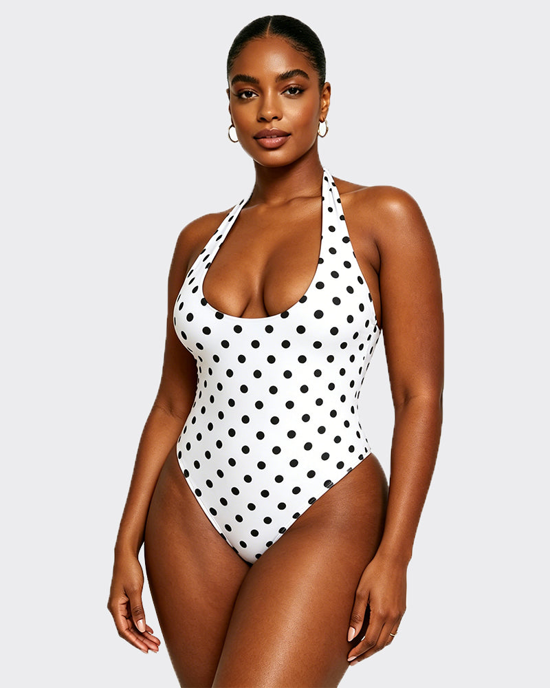 Polka dot halter neck bodycon one-piece swimsuit with straps
