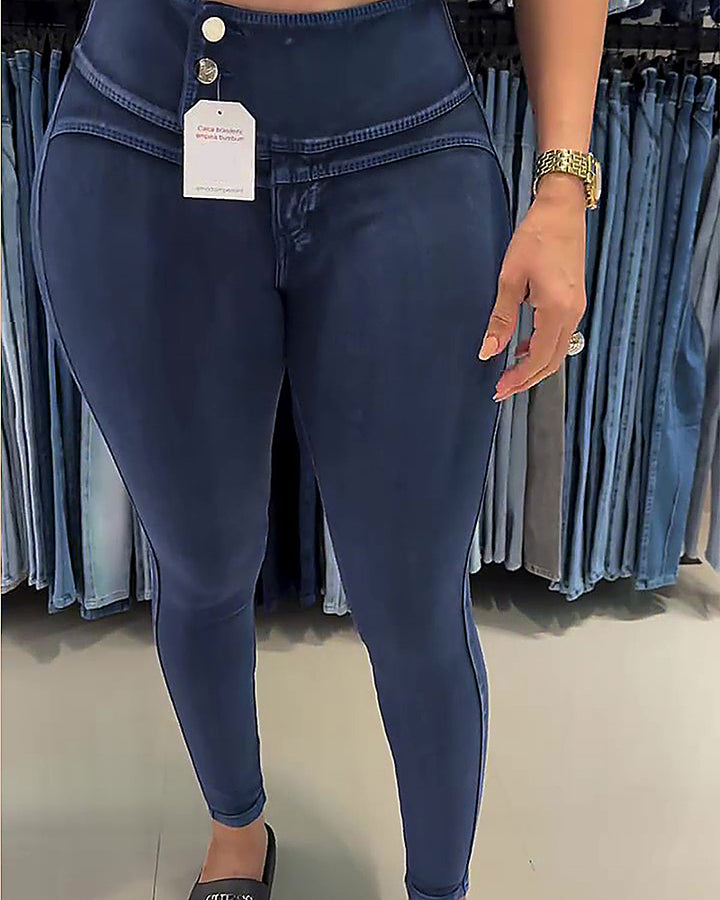 Shapshe® Hoch Taillierte Skinny Jeans im Kolumbianischen Stil mit Seitlichen Knöpfen und Hüftlifting
