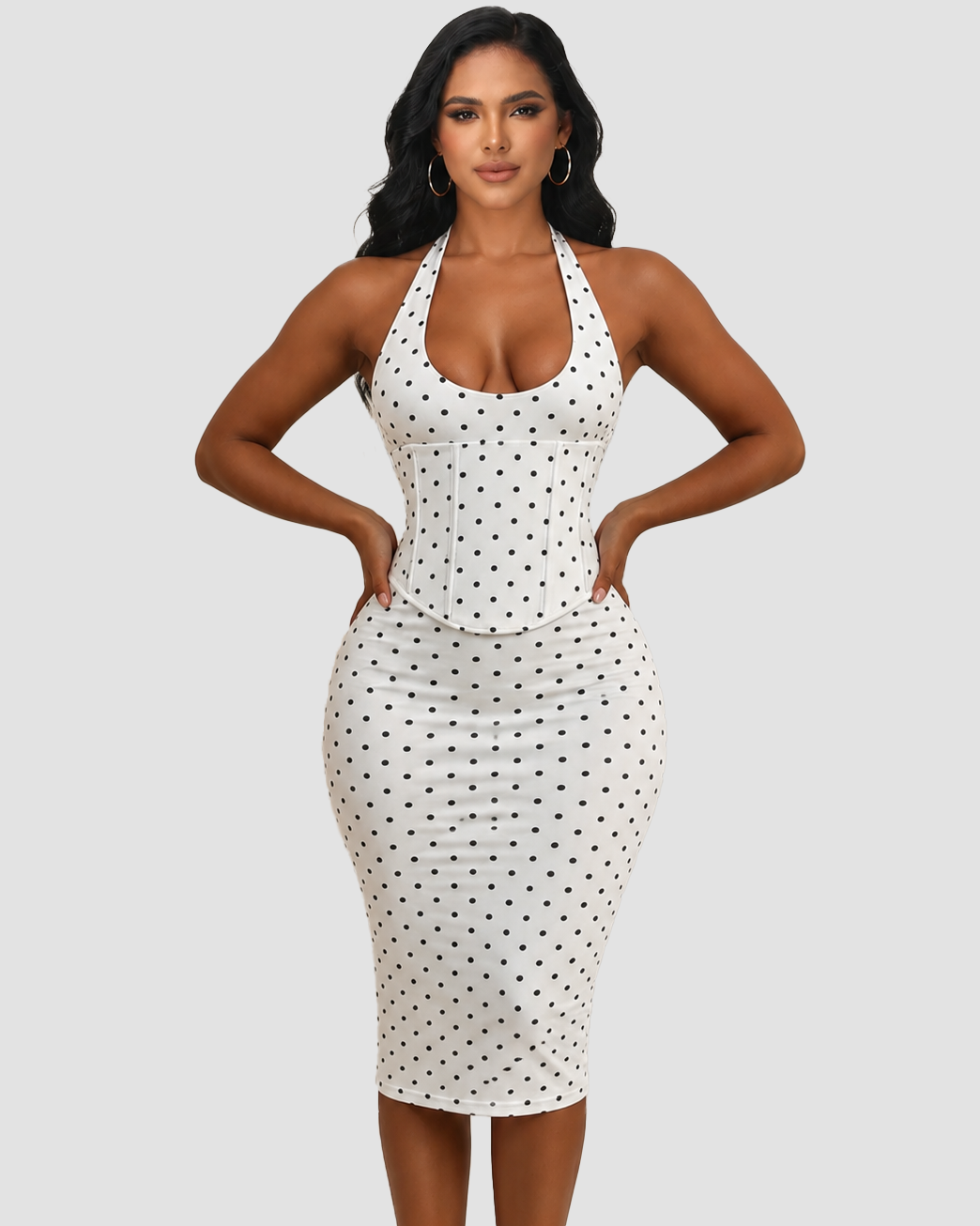 Polka Dot Hourgalss Corset Halter Midi Dress with Lace-Up Back Two-Piece Set