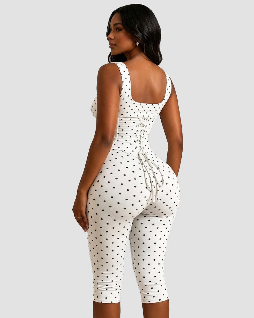 Polka Dot Square Neck Capri Jumpsuit with Hourglass Detachable Corset Two-Piece Set