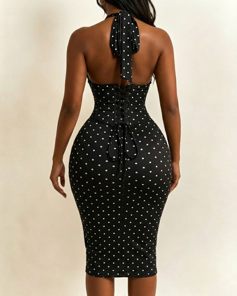 Polka Dot Hourgalss Corset Halter Midi Dress with Lace-Up Back Two-Piece Set