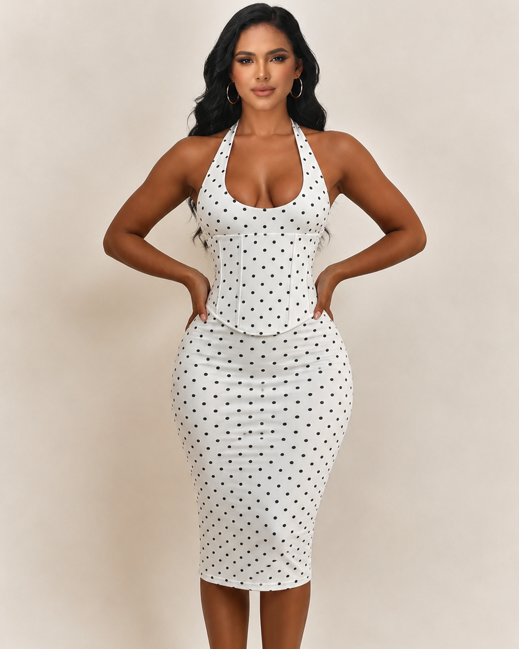 Polka Dot Hourgalss Corset Halter Midi Dress with Lace-Up Back Two-Piece Set
