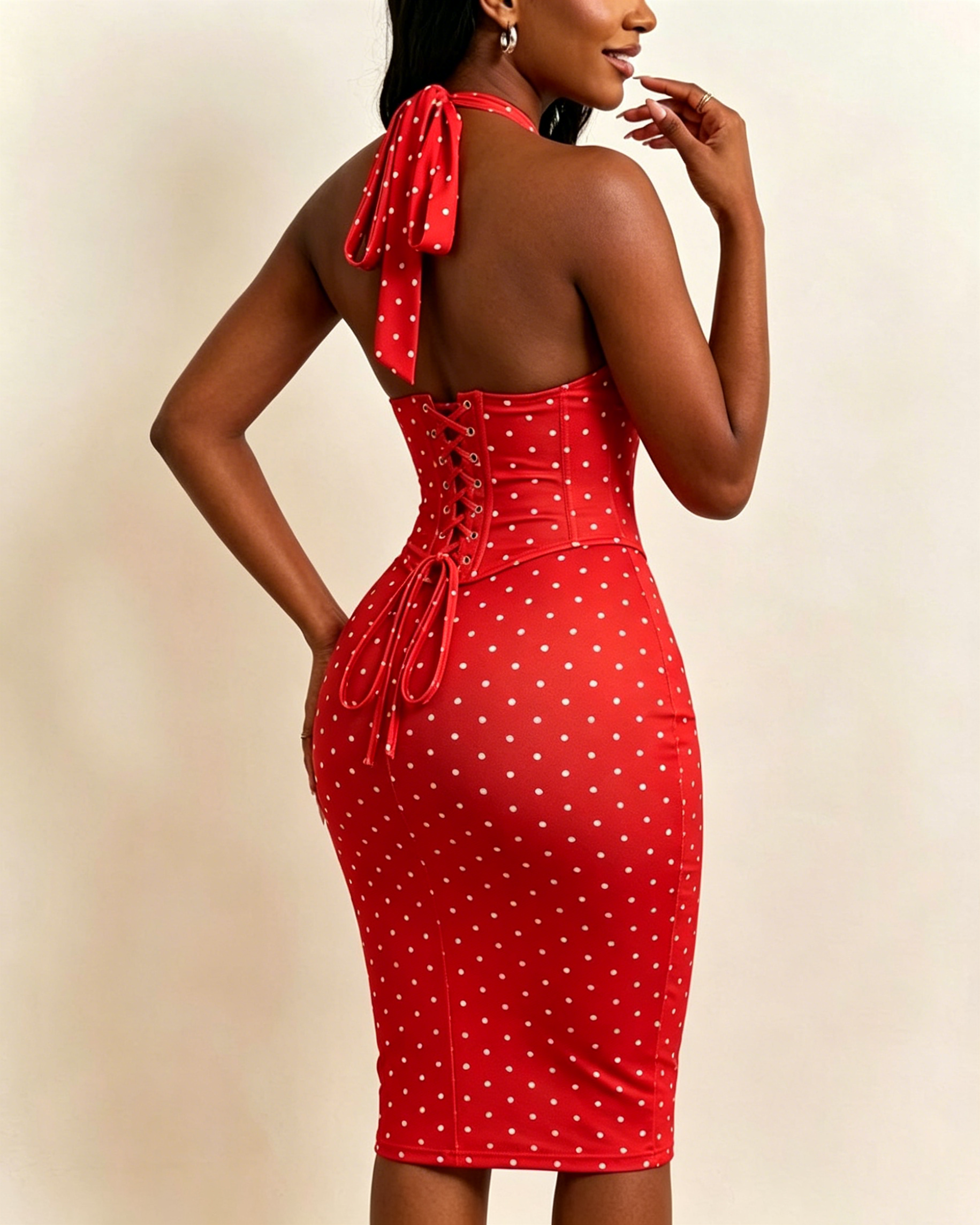 Polka Dot Hourgalss Corset Halter Midi Dress with Lace-Up Back Two-Piece Set