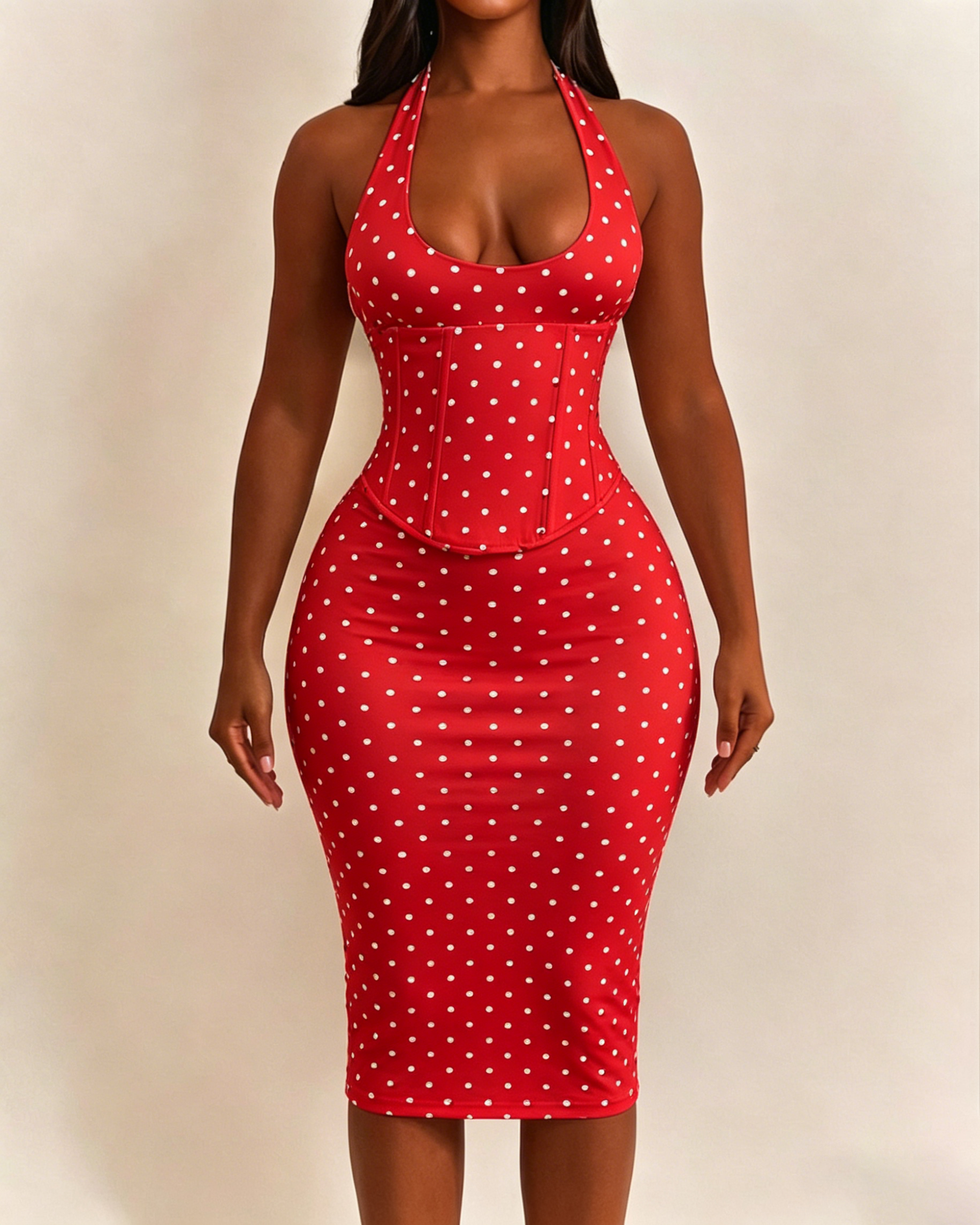Polka Dot Hourgalss Corset Halter Midi Dress with Lace-Up Back Two-Piece Set
