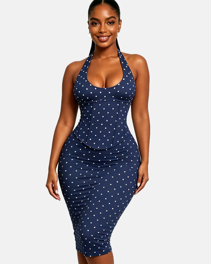 Polka Dot Hourgalss Corset Halter Midi Dress with Lace-Up Back Two-Piece Set