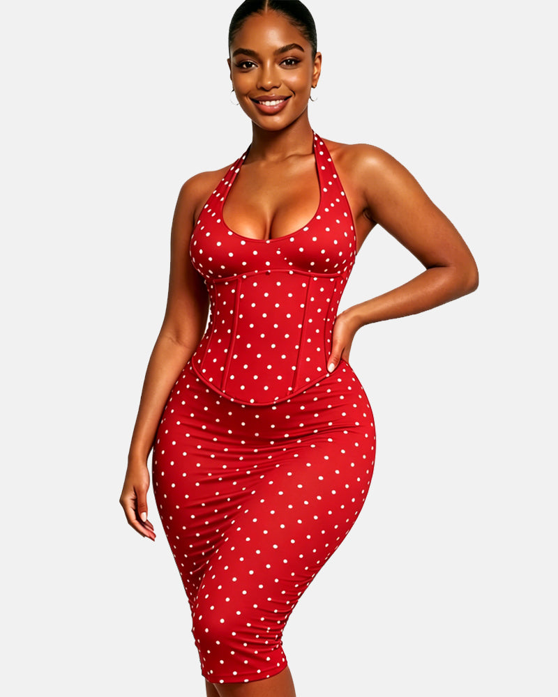 Polka Dot Hourgalss Corset Halter Midi Dress with Lace-Up Back Two-Piece Set