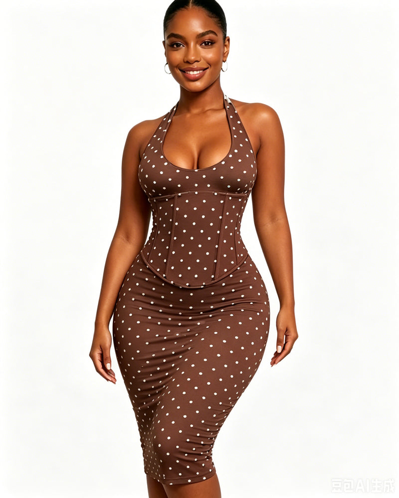 Polka Dot Hourgalss Corset Halter Midi Dress with Lace-Up Back Two-Piece Set