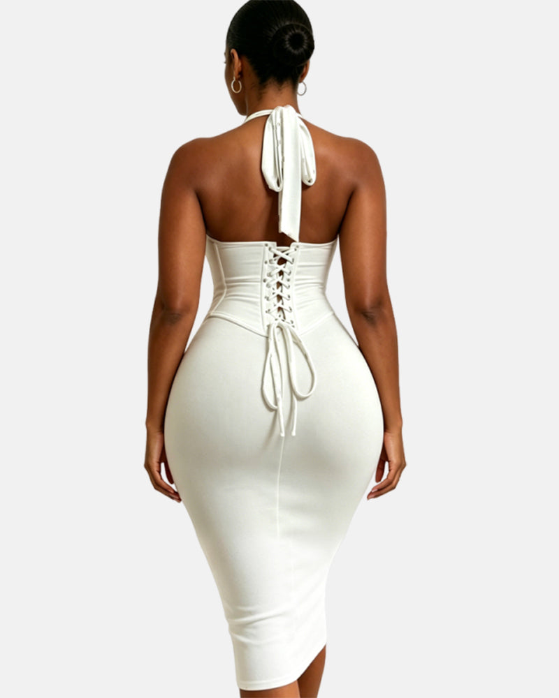 Polka Dot Hourgalss Corset Halter Midi Dress with Lace-Up Back Two-Piece Set