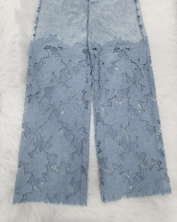 Weite Jeans mit Blumenmuster und Spitze für Damen