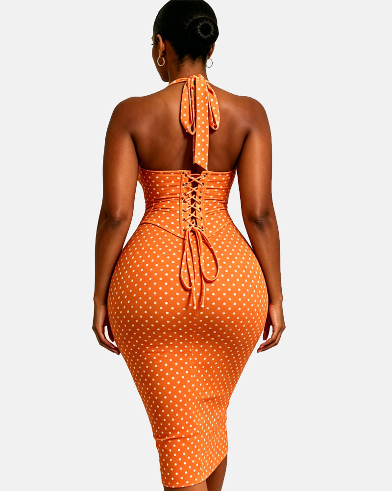 Polka Dot Hourgalss Corset Halter Midi Dress with Lace-Up Back Two-Piece Set