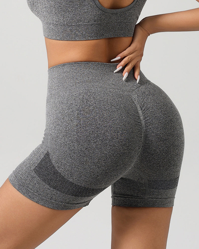 Frauen Nahtlose Fitness Outfit Set U-Ausschnitt Sport BH Po Lift Leggings Shorts Set