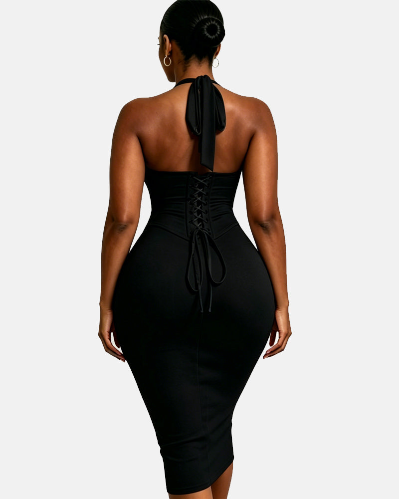 Polka Dot Hourgalss Corset Halter Midi Dress with Lace-Up Back Two-Piece Set
