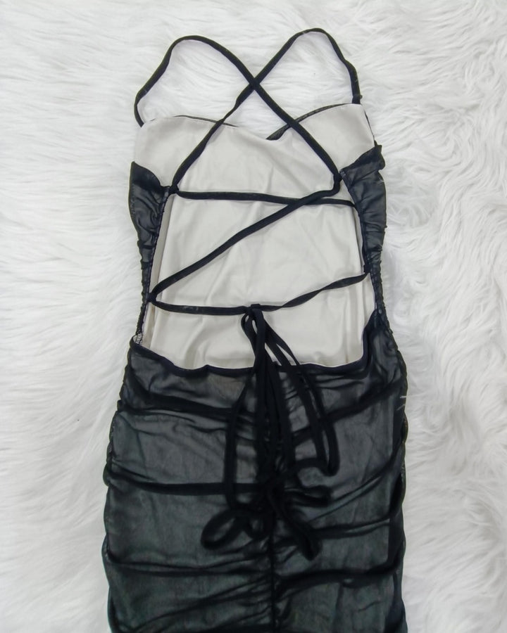 Sexy Rückenfreies überkreuztes Figurbetontes Netz Patchwork Kleid mit Schnürung