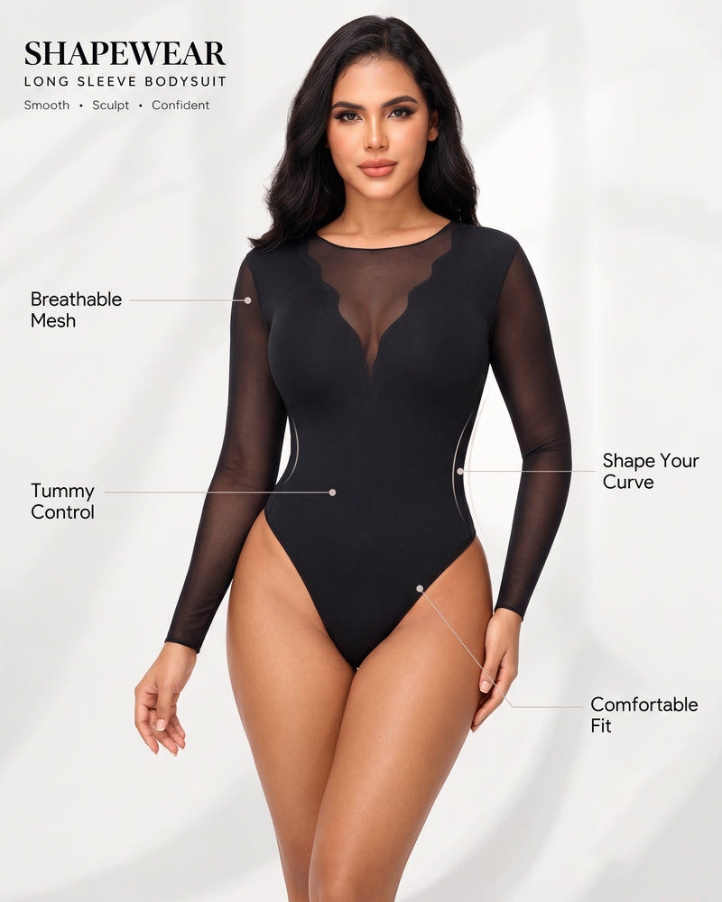Shapshe® Sheer Mesh Long Sleeve Tummy Control Thong Shaping Bodysuit