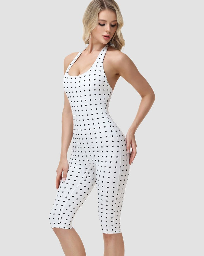 Hourglass Figure Body Shaper Waist Cincher Polka Dot Capri Jumpsuit Two-Piece Set