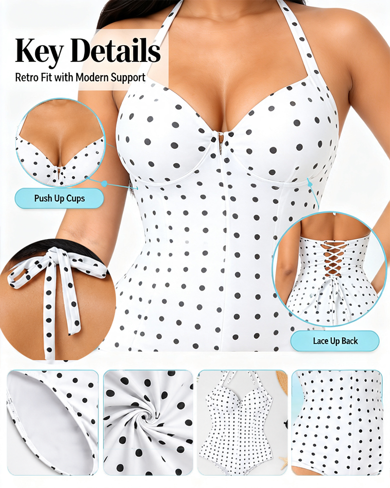 Shapshe® Polka Dot Halter Lace Up Back Zipper Bodysuit