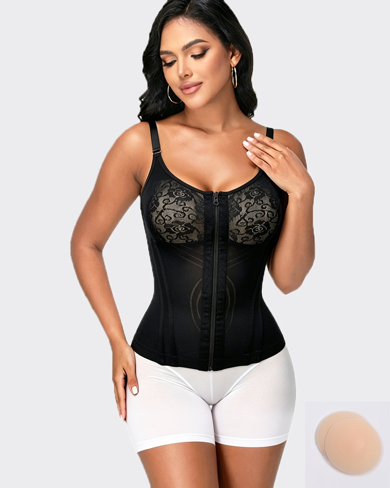 Shaping thin-strapped zipper vest, soft and comfortable shapewear with breast pads