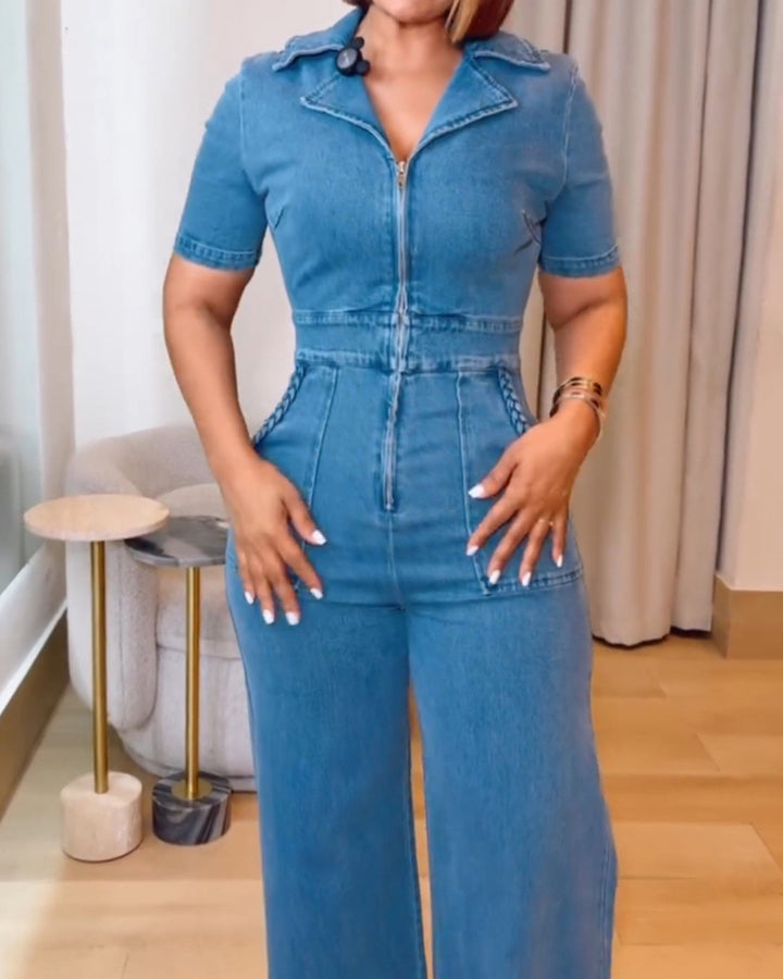 Lässiger Kurzärmliger Lockerer Gerader Jeans Overall mit Taschen für Damen