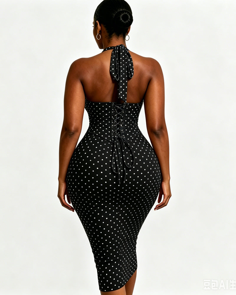 Polka Dot Hourgalss Corset Halter Midi Dress with Lace-Up Back Two-Piece Set