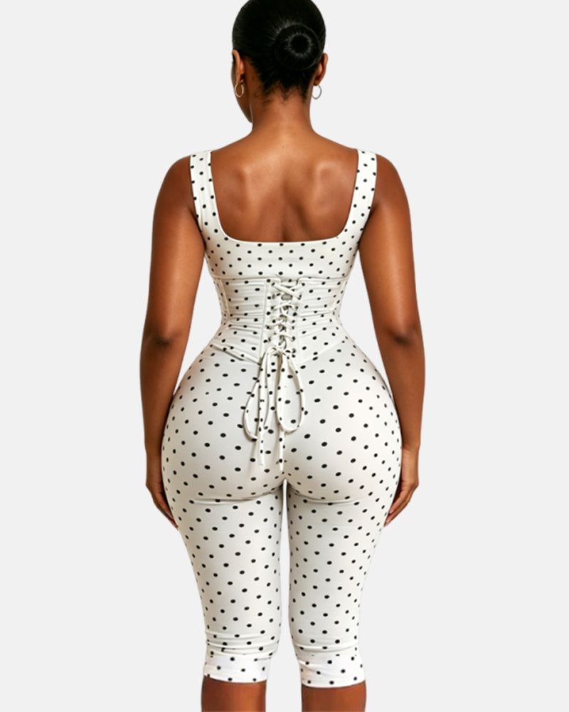 Polka Dot Square Neck Capri Jumpsuit with Hourglass Detachable Corset Two-Piece Set