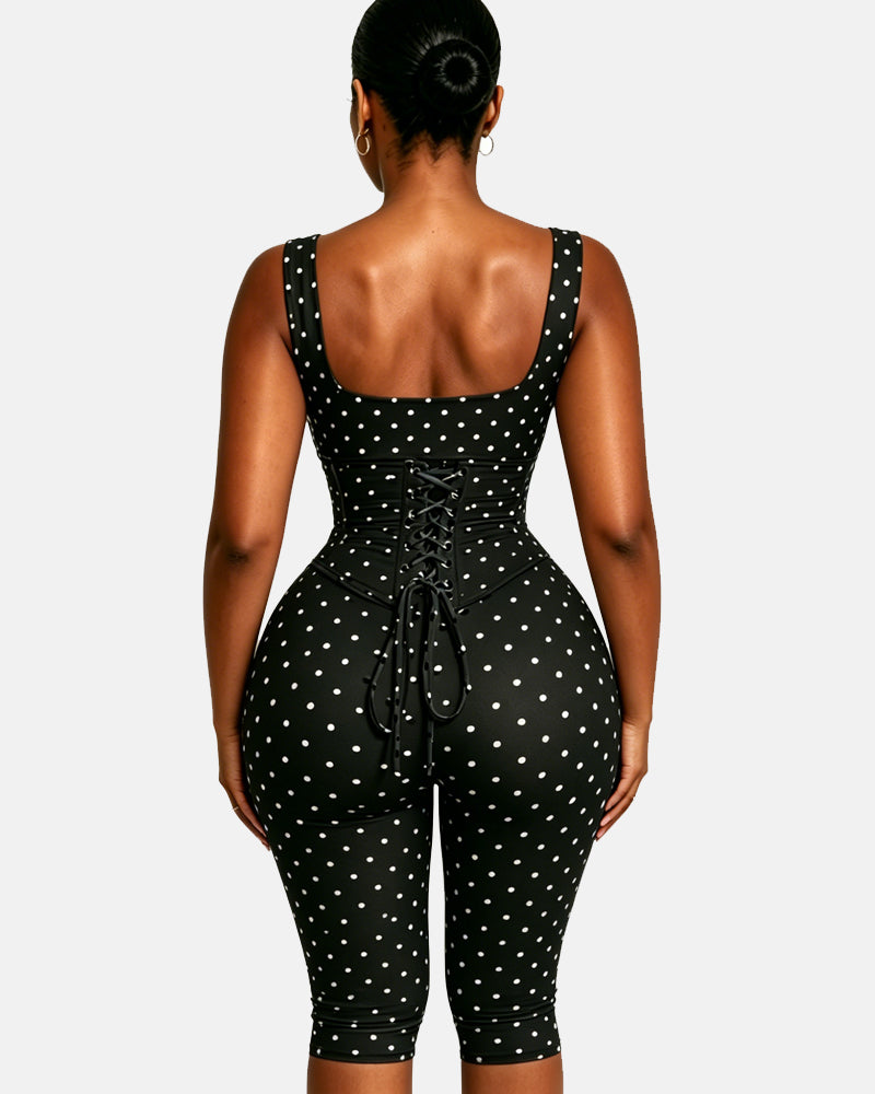 Polka Dot Square Neck Capri Jumpsuit with Hourglass Detachable Corset Two-Piece Set