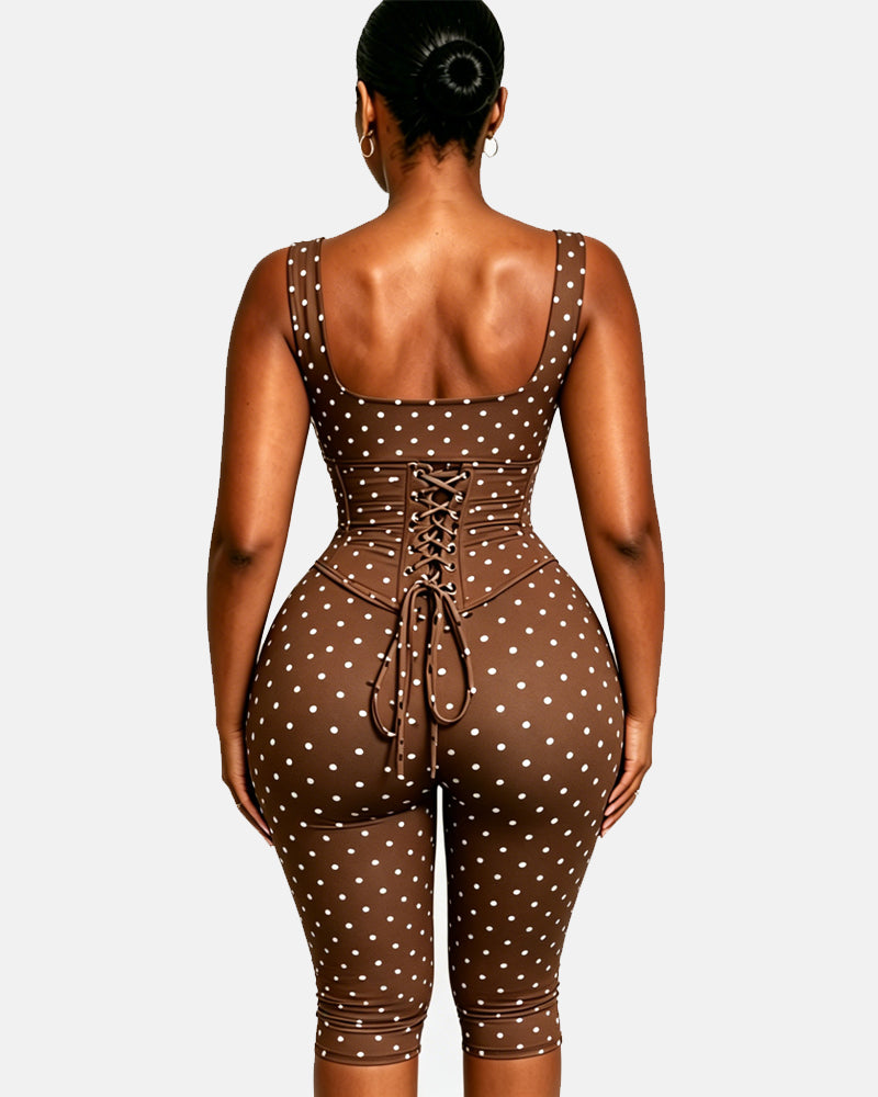 Polka Dot Square Neck Capri Jumpsuit with Hourglass Detachable Corset Two-Piece Set